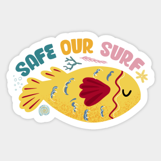 Safe our Surf quote with cute sea animal fish, starfish, coral and shell Sticker